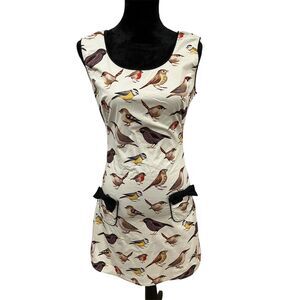 Malory Women's S Vintage style Bird Print A-Line Dress Knee Length Cream